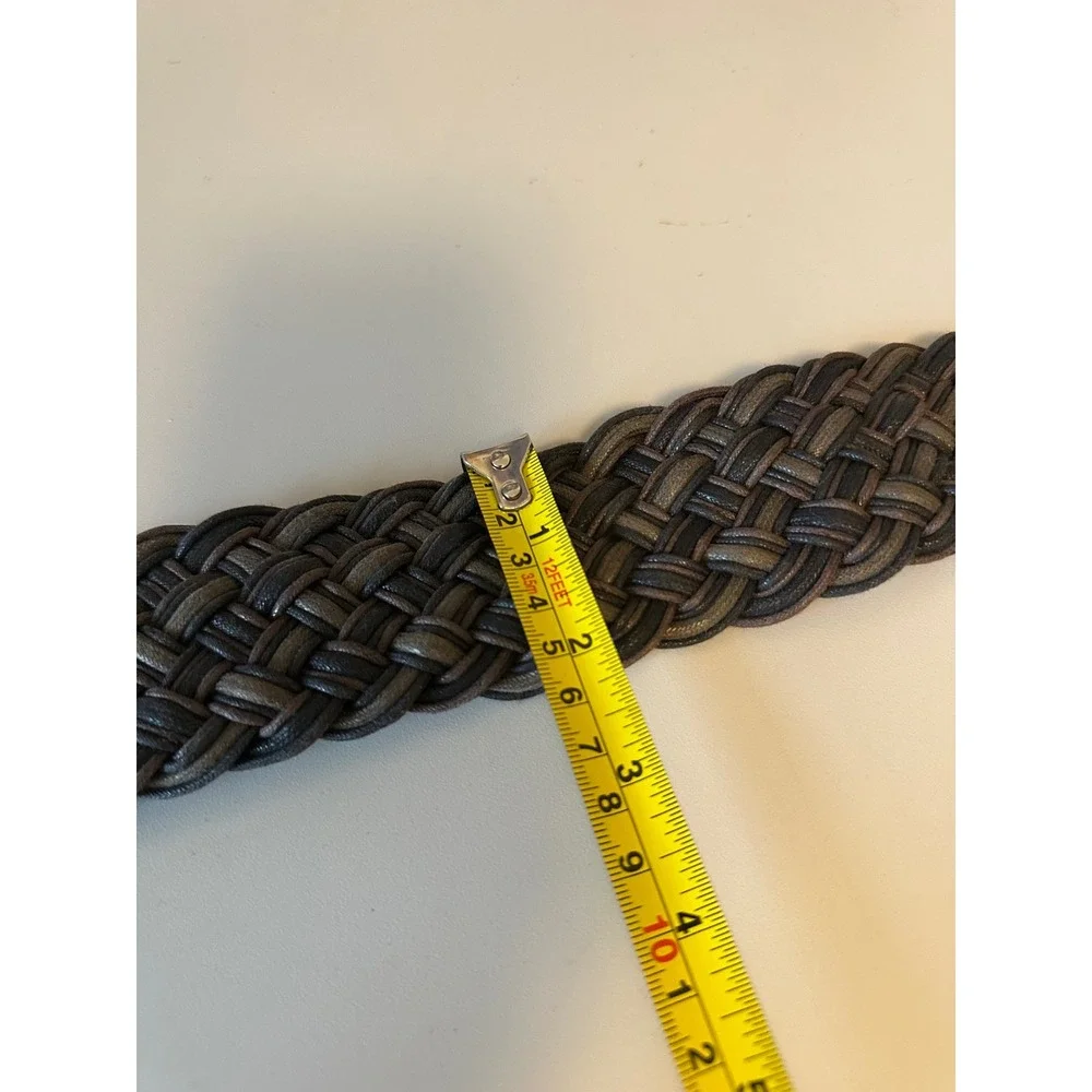 Woven Braided Wide Leather Belt with Gold Tone Sculptural Buckle